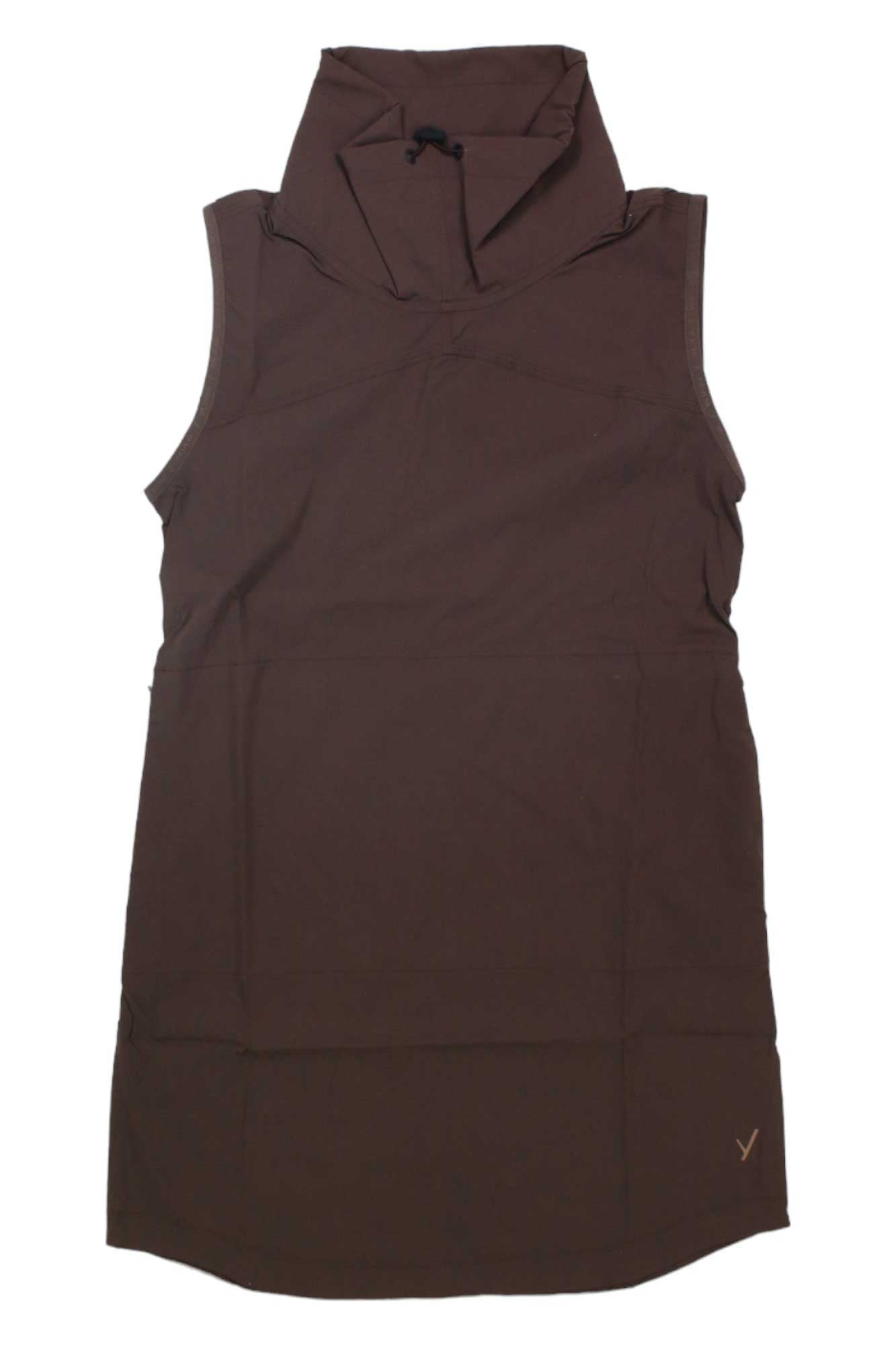 The Indyeva Womens Cangur Tunic is a sleeveless brown tunic with a high adjustable cowl neck, subtle small logo near the right bottom hem, and smooth, simple fabric for a clean look.