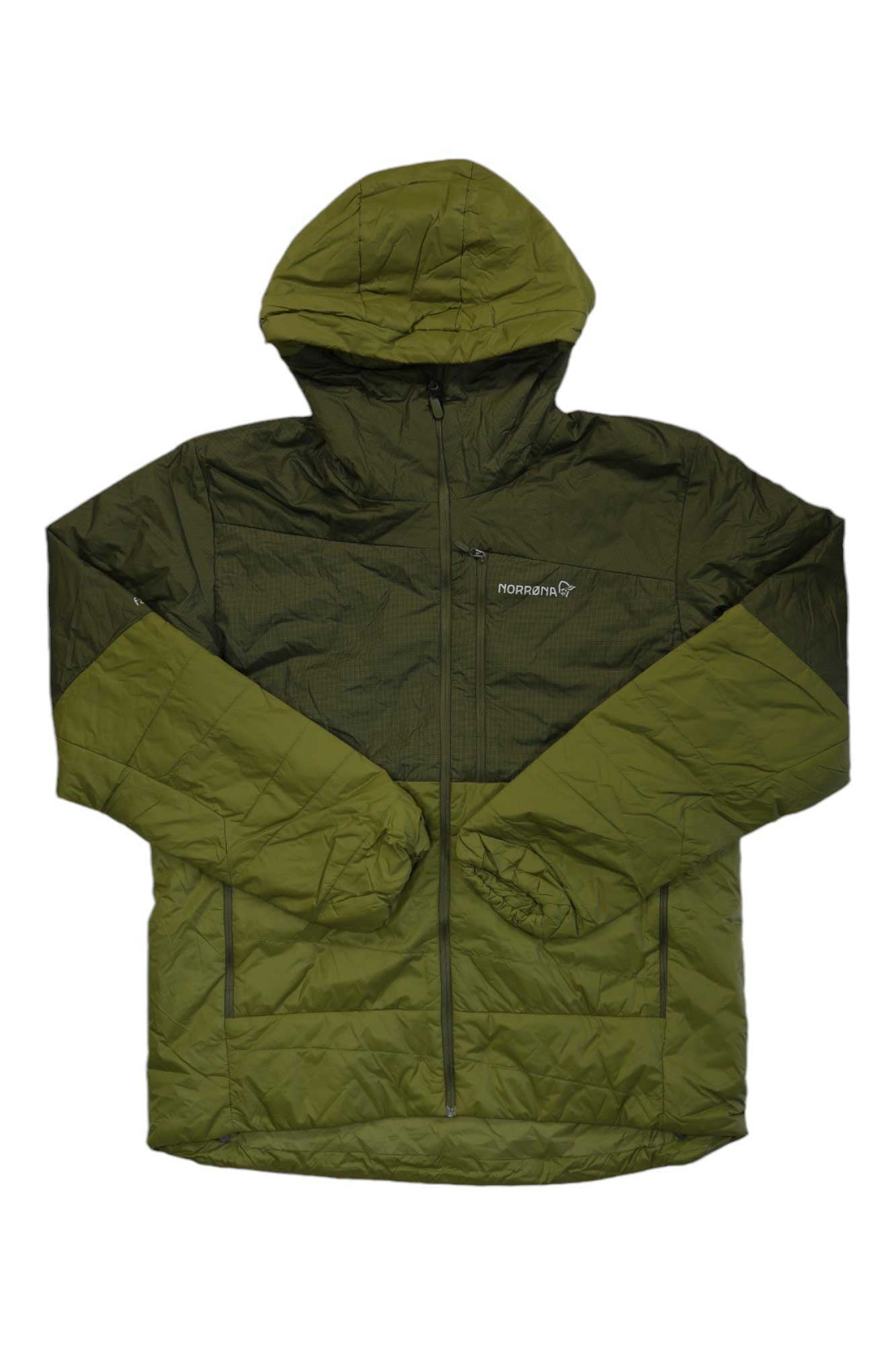 Mens Norrona Thermo60 hooded jacket, olive green with diagonal paneling, full-zip