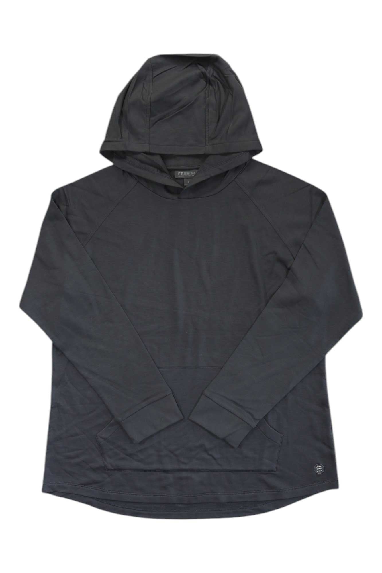 The Free Fly Womens Bamboo Lightweight Fleece Hoody, shown laid flat on a white background, features a plain black design, UPF 50 protection, and a front pocket.