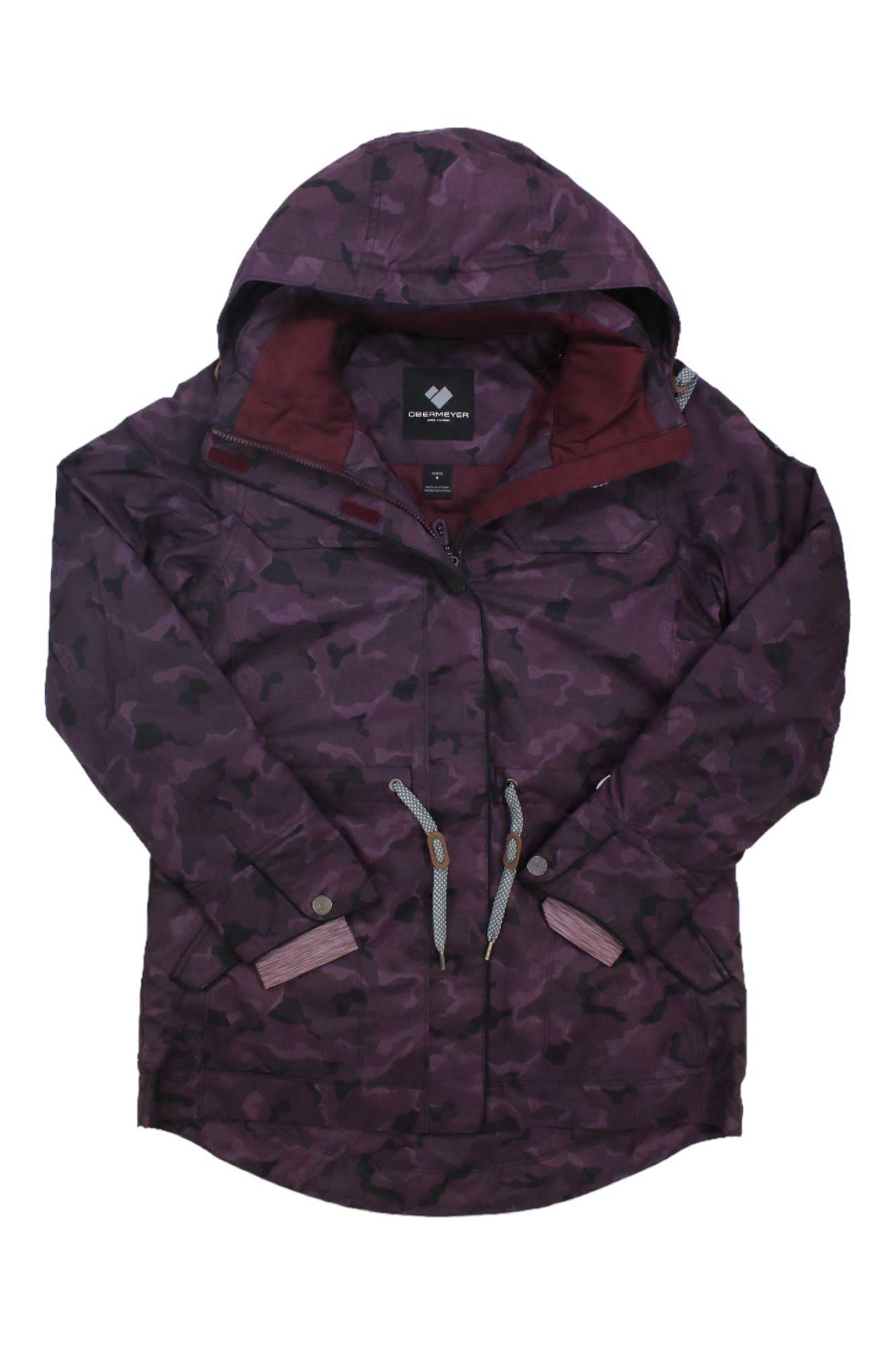 Women's purple camouflage hooded winter jacket with full zip and drawstring hem