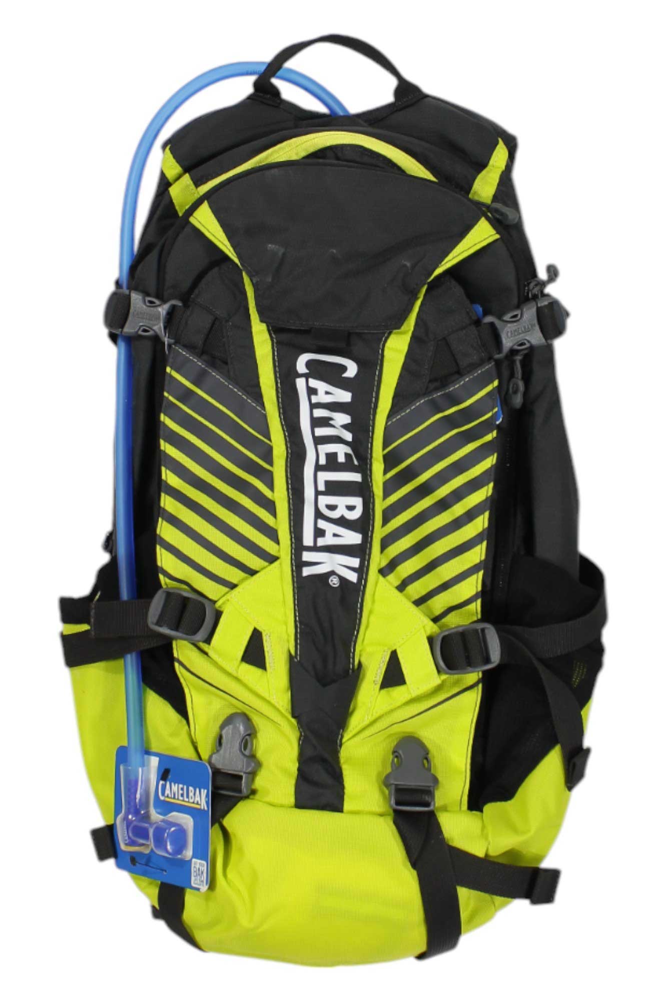 The KUDU 18 Mountain Bike Hydration Pack in black and neon yellow features diagonal stripes, a hydration tube, attached reservoir, multiple straps, and convenient pockets for your gear.