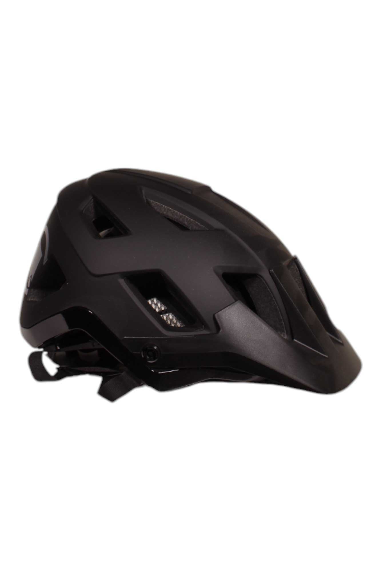 Black cycling helmet, side profile with multiple vents and raised brow pads