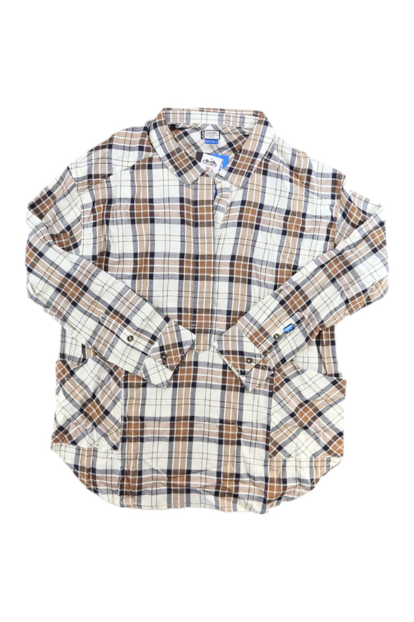 The KAVU Womens Melita Shirt is a long sleeve top with a brown, black, and white plaid pattern, shown laid flat on a white background.