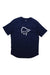 Norrona Mens Pureull T-Shirt: Navy blue, short-sleeve moisture-wicking tee with a white stylized face and flowing hair graphic on the chest, perfect for outdoor enthusiasts. Displayed on a plain white background.