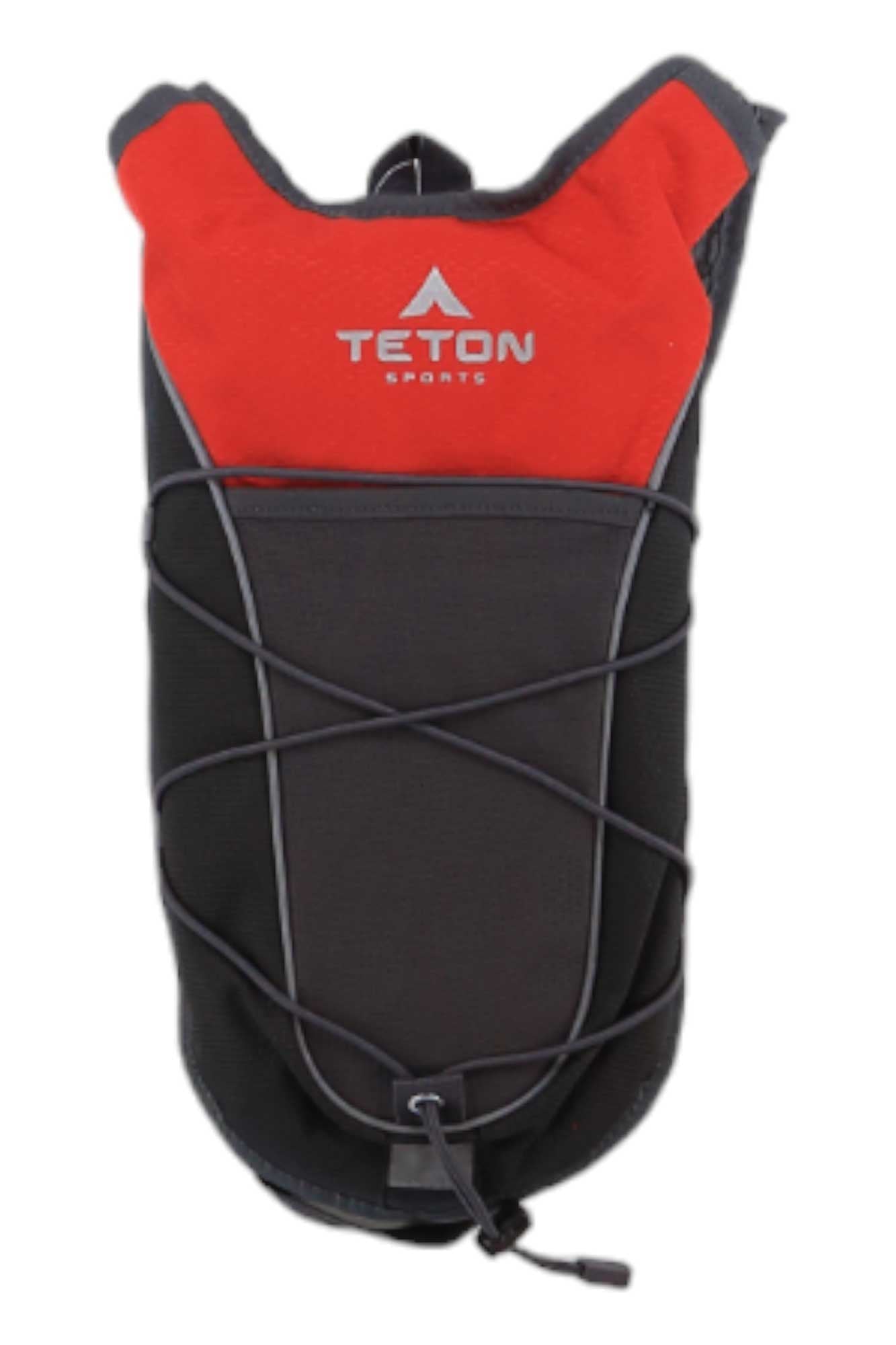 Red and black hydration pack with front panel pocket and adjustable shoulder straps