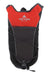 Red and black hydration pack with front panel pocket and adjustable shoulder straps