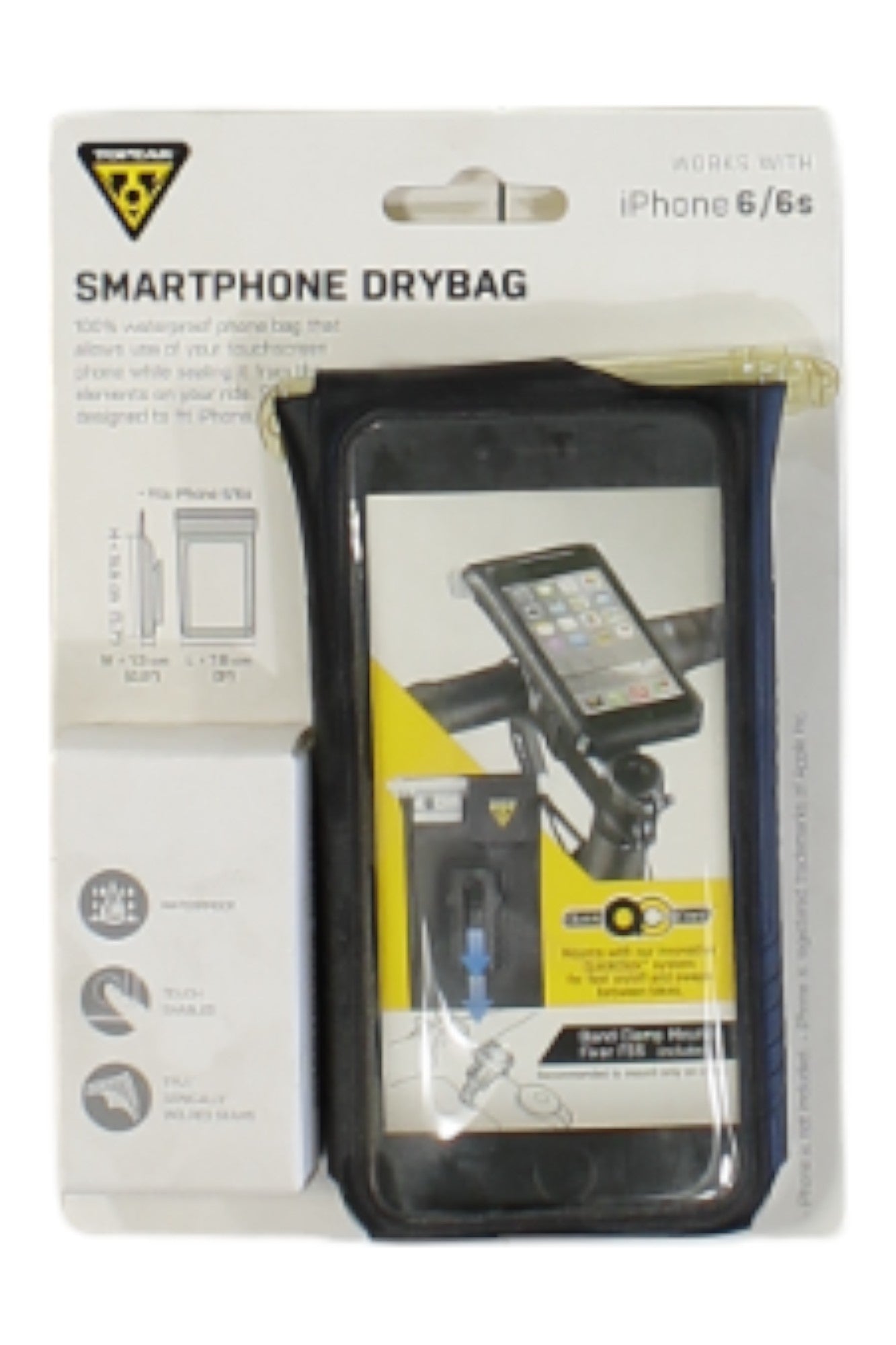 A retail package of the Topeak Smartphone Dry Bag for iPhone 6/6s features a weather-resistant case and product details, including an image showing the Dry Bag mounted as a bike phone mount on a bicycle handlebar.