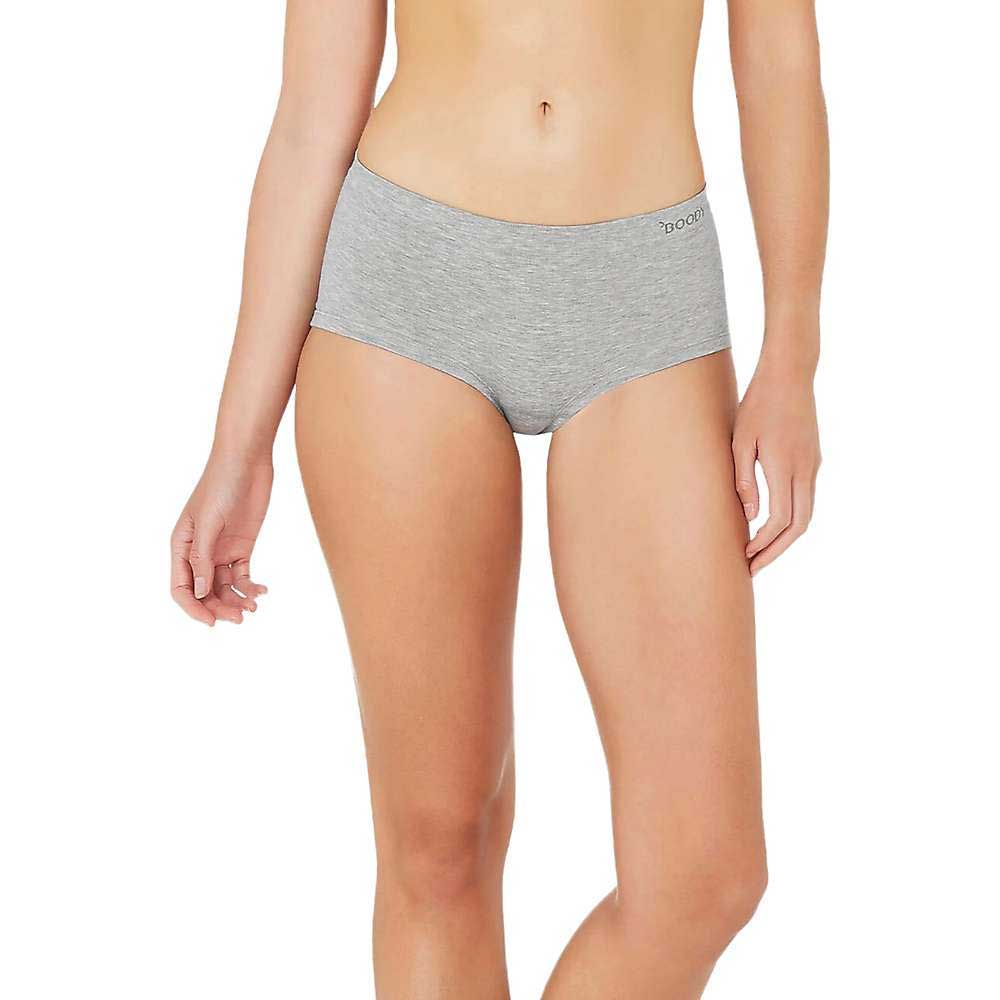 Women’s boy leg brief in heather light grey, on-body fit view