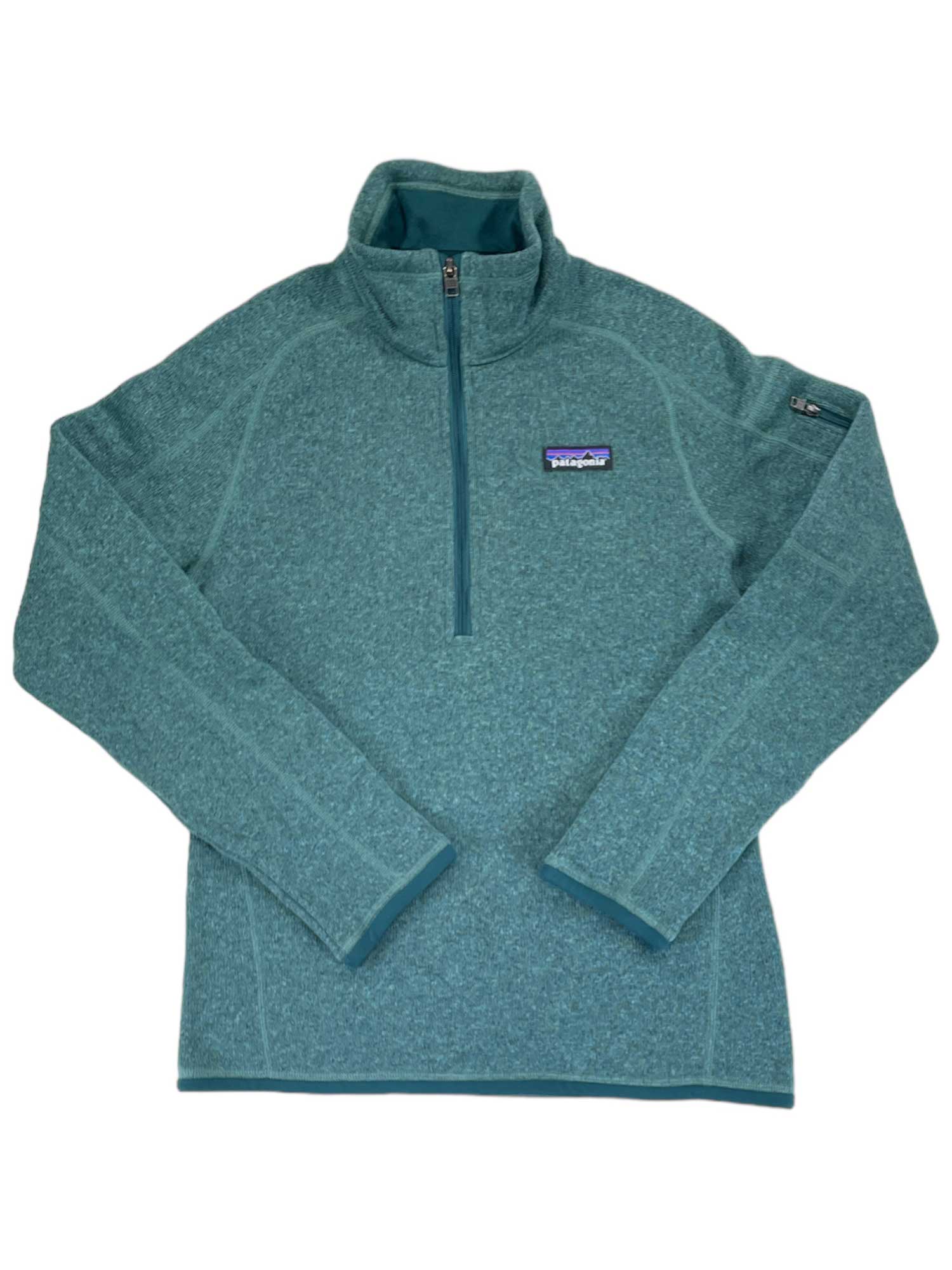 The Women's Better Sweater Quarter-Zip Pullover features a teal, heathered, recycled polyester fleece with long sleeves, a stand-up collar, and a logo patch on the left chest.