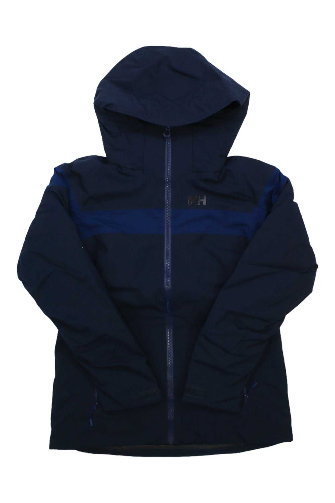The Helly Hansen Womens Motionista Lifaloft Jacket is a navy blue jacket with long sleeves, front zipper, subtle chest logo, and a horizontal blue stripe. Ideal as a stylish ski jacket for chilly days.