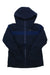 The Helly Hansen Womens Motionista Lifaloft Jacket is a navy blue jacket with long sleeves, front zipper, subtle chest logo, and a horizontal blue stripe. Ideal as a stylish ski jacket for chilly days.