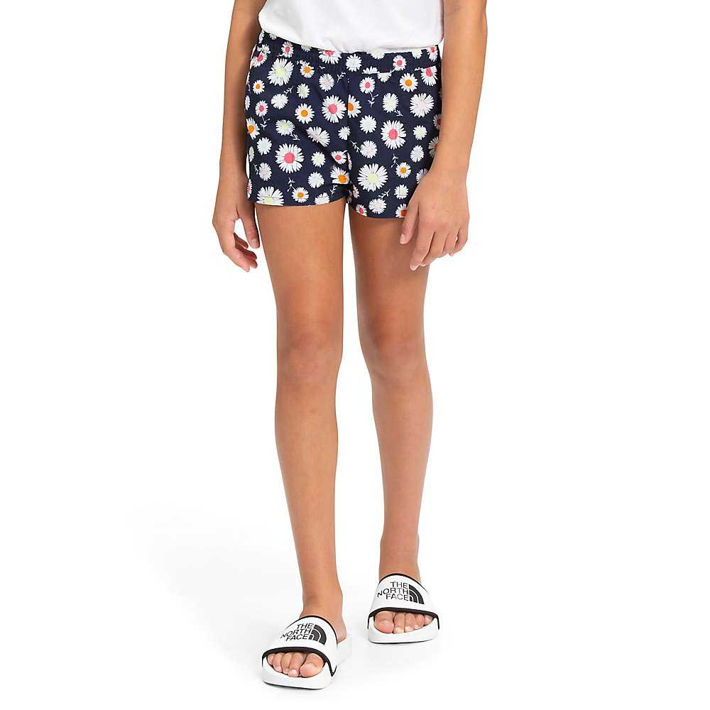 Girls water shorts, navy with daisy print and elastic waistband