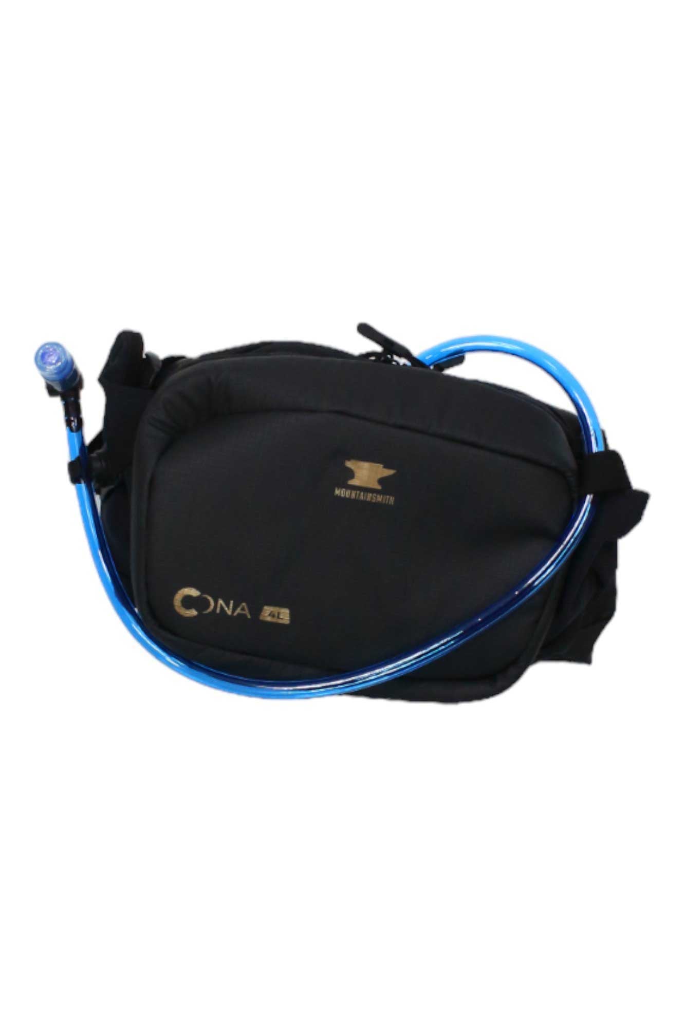 The Mountainsmith CONA 4 Hydration Lumbar Pack is black with a blue drinking tube, featuring gold logos and text on the front.