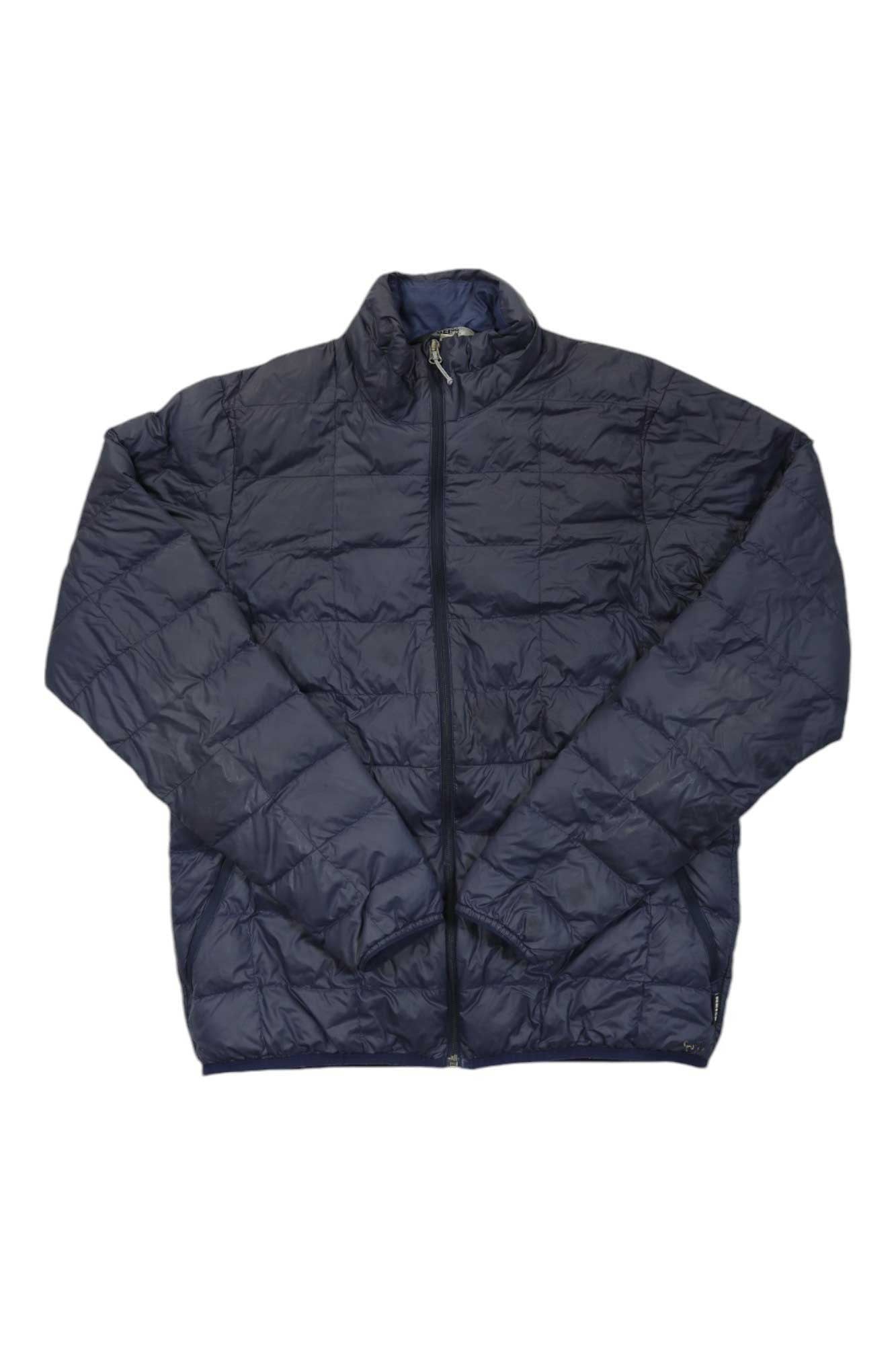 Men's dark blue 650 down jacket with full-zip front and stand collar