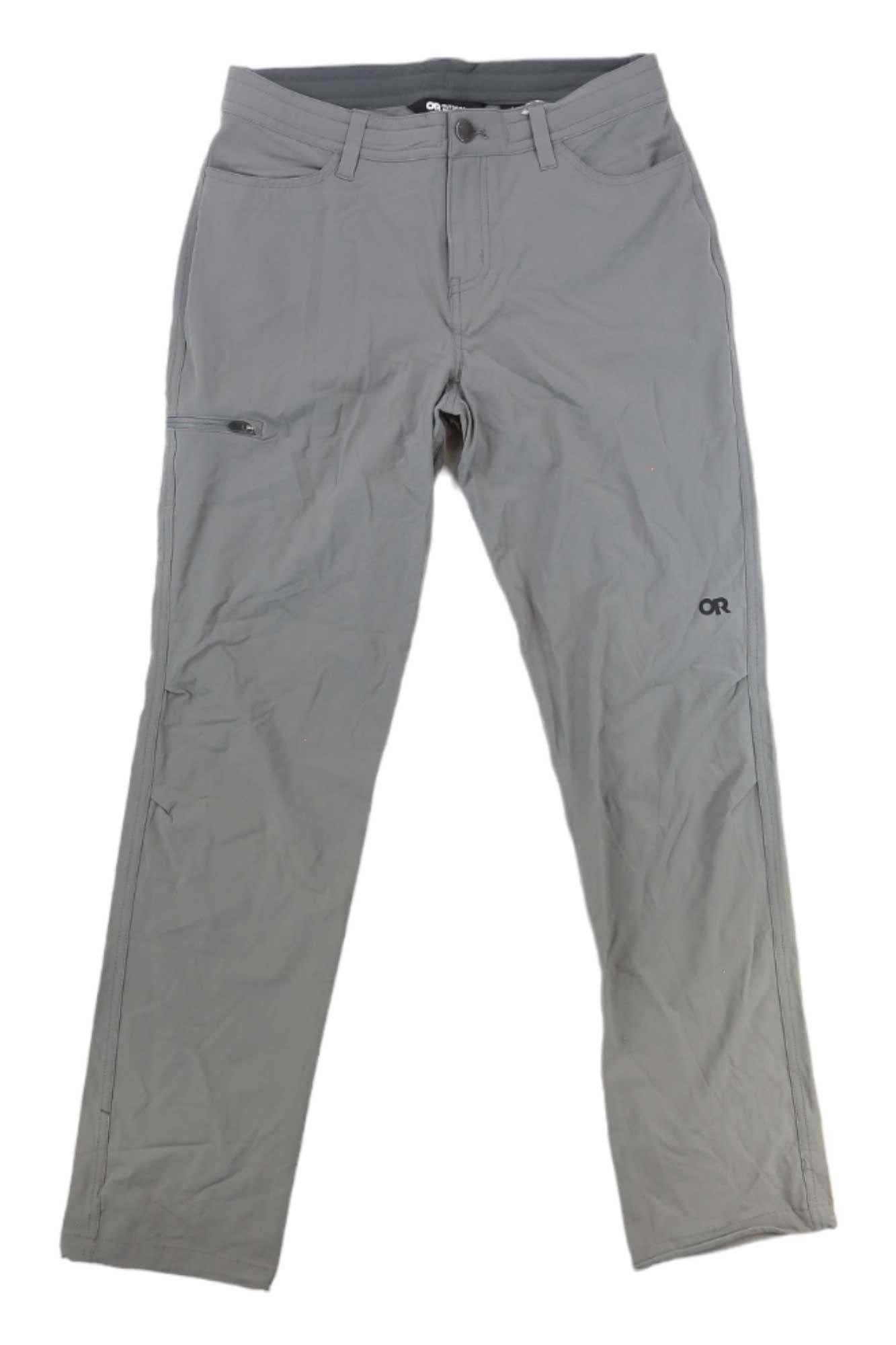 The Outdoor Research Women's Ferrosi Pant is a light gray, straight-leg outdoor pant with front pockets, a zippered right thigh pocket, belt loops, button closure, quick-dry fabric, and the OR logo on the upper right thigh—ideal for hiking.