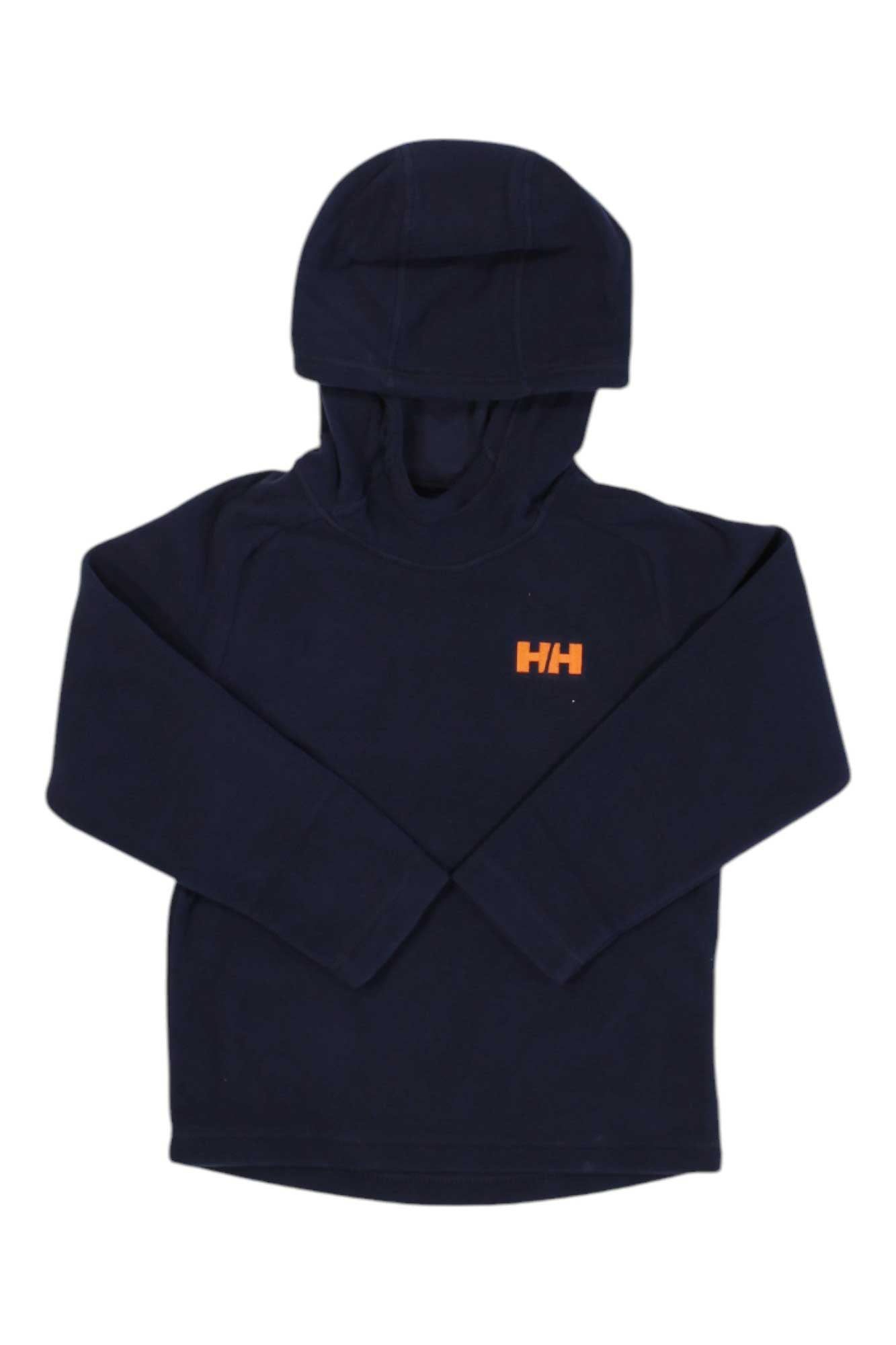 The Helly Hansen Kids Daybreaker Hoodie is a navy blue, long-sleeve outdoor pullover with an orange HH logo on the chest—perfect as a cozy fleece hoodie for chilly days.