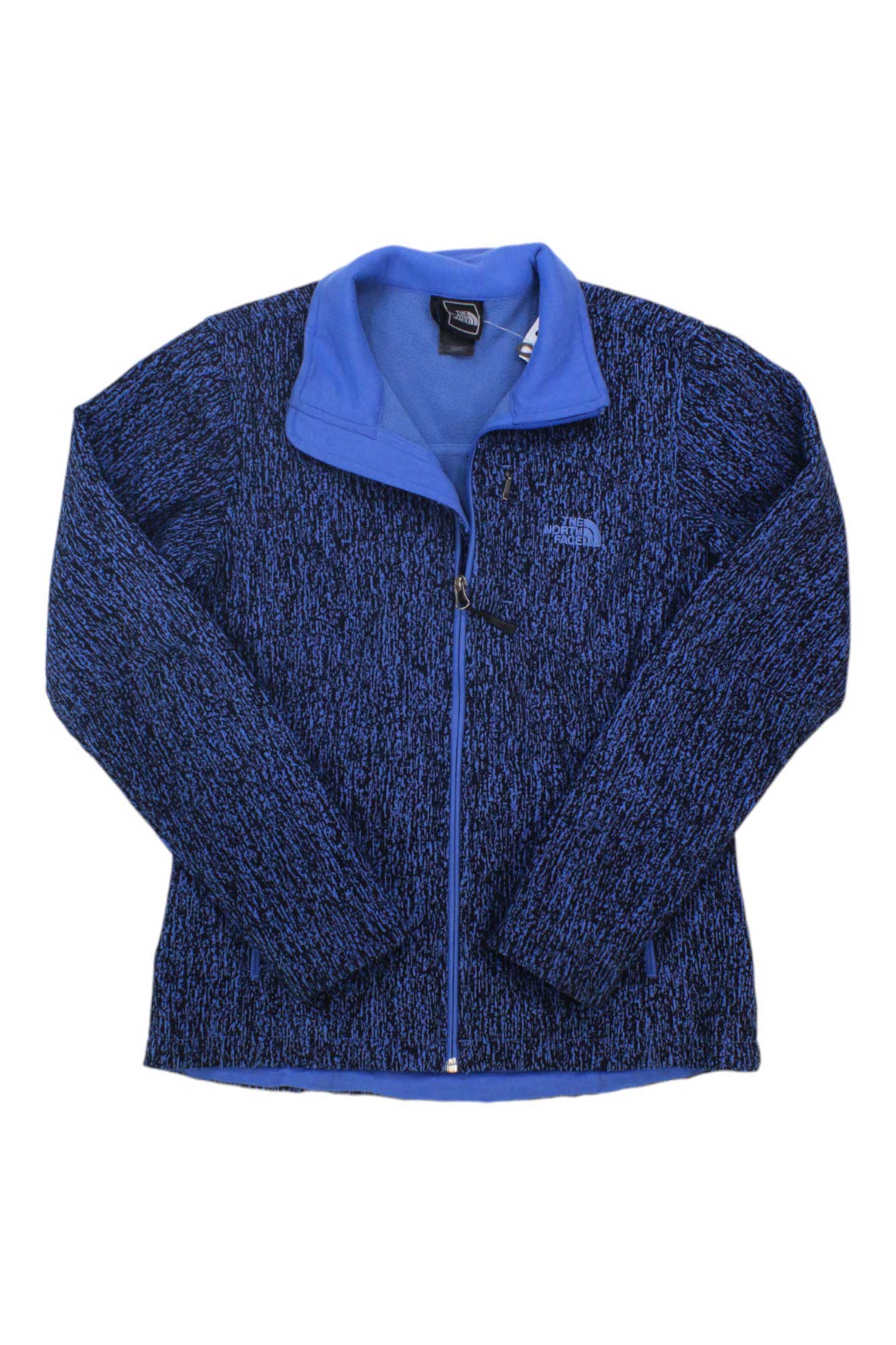 Women's Apex Bionic Soft-Shell Jacket in blue and black, featuring a textured pattern, long sleeves, and a stand-up collar, shown on a white background.