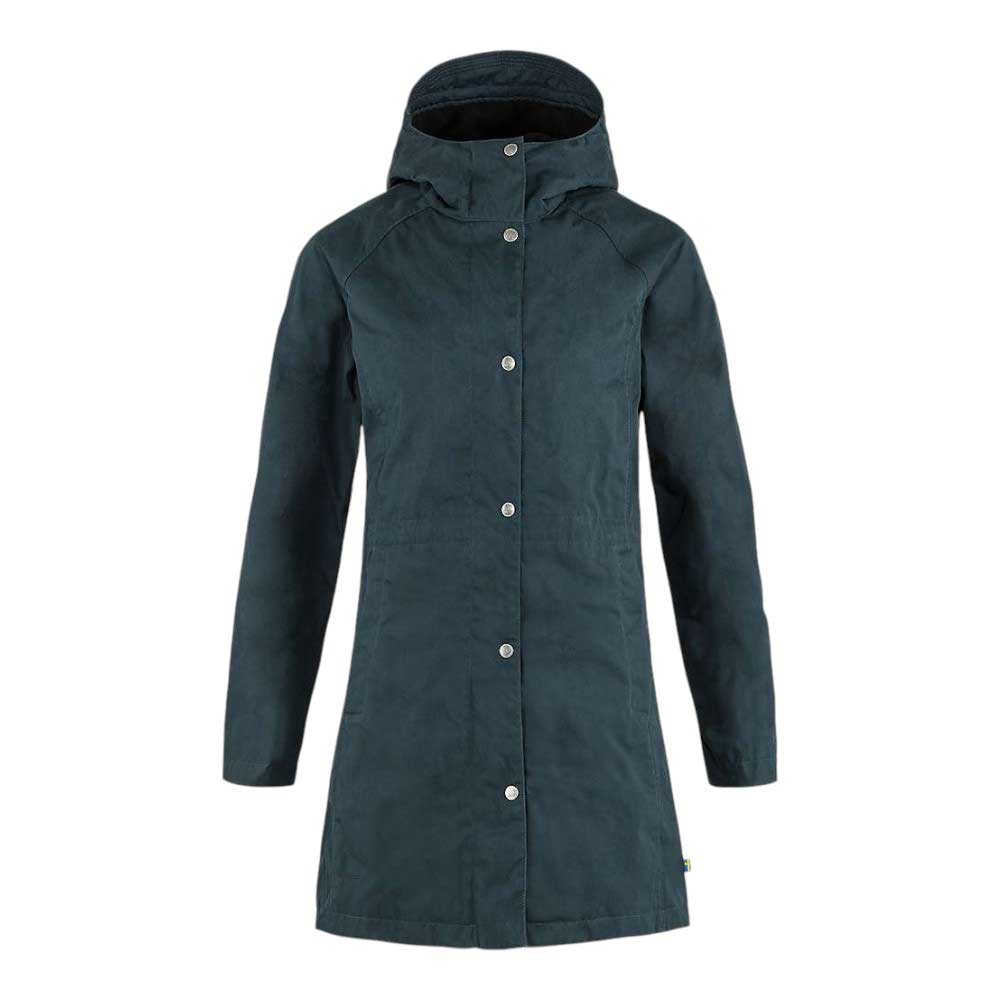 The Fjallraven Womens Karla Hydratic Jacket is a long, dark green waterproof coat with a hood, silver snap buttons, long sleeves, and a simple, tailored design.
