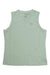 A Womens Wander Boxy Tank in light green is displayed flat on a white background. The slightly wrinkled fabric and chest logo highlight its design. This tank top offers moisture-wicking material for all-day comfort.