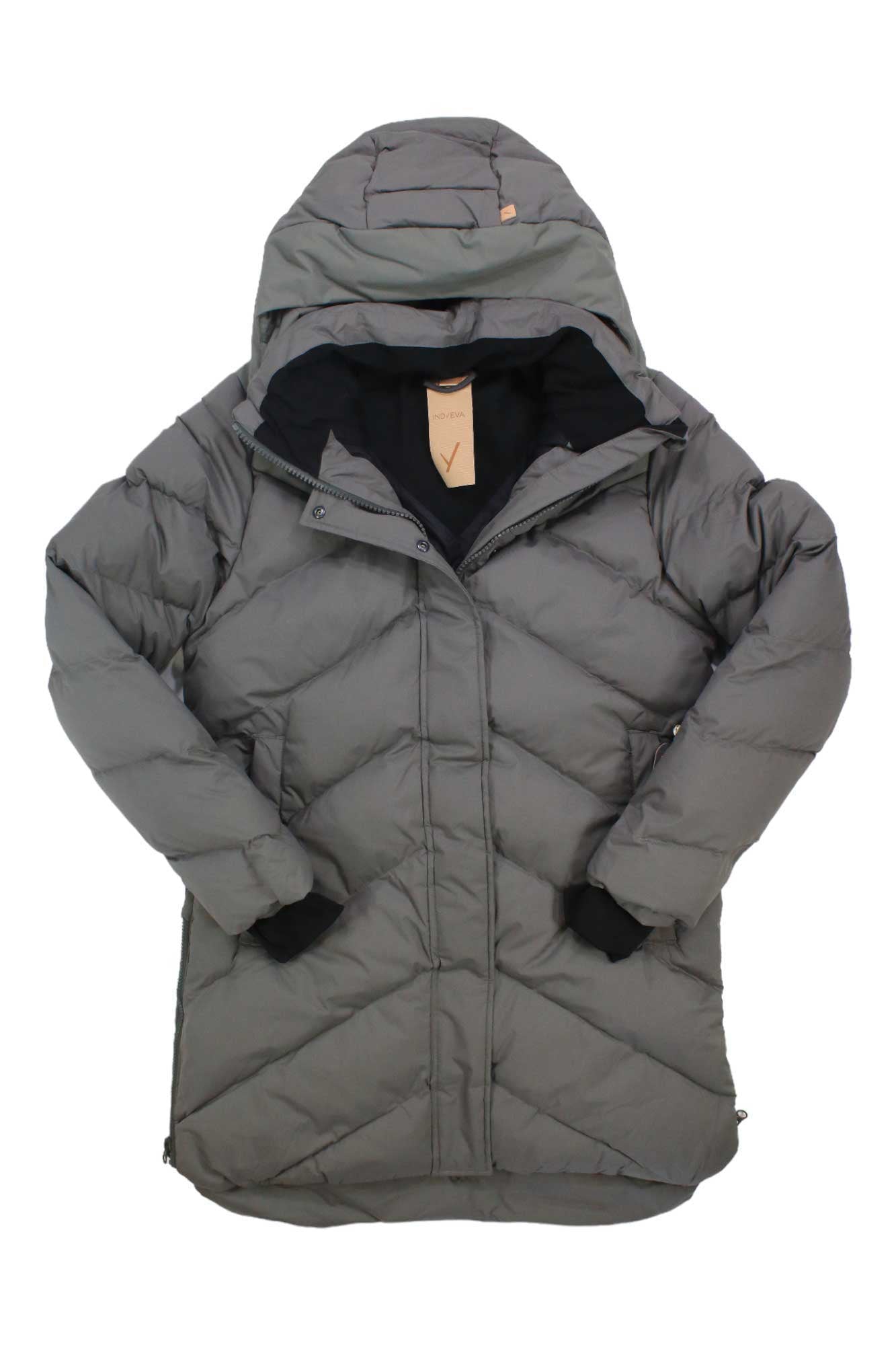 The Indyeva Womens Solukko Mid Matte Jacket is a long, gray insulated jacket with a hood, black inner lining, front zipper, and two side pockets, shown laid flat on a white background.