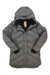 The Indyeva Womens Solukko Mid Matte Jacket is a long, gray insulated jacket with a hood, black inner lining, front zipper, and two side pockets, shown laid flat on a white background.