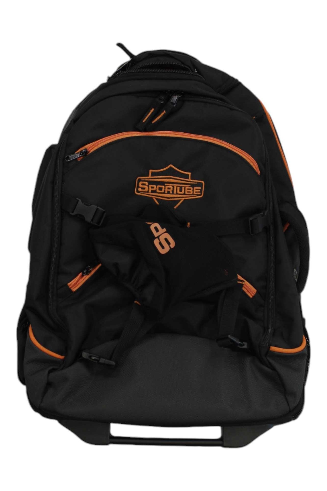 Sportube boot bag in black with orange trim and front logo patch