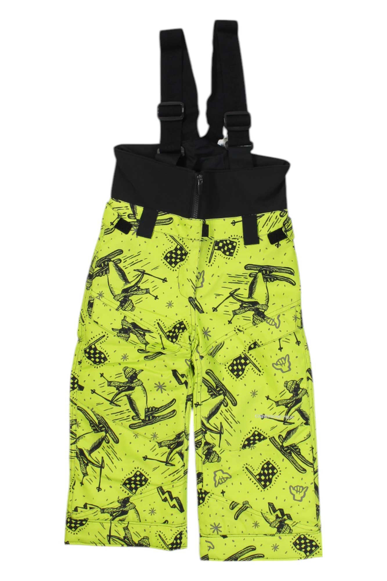 The Obermeyer Boys Warp Pant features bright yellow-green color with black suspenders, abstract skier and snowflake designs, black waistband, insulated waterproof fabric, and adjustable straps for comfort and style on the slopes.