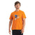 A man wearing the Icebreaker Mens Merino Central Classic Ski Rider SS Tee, an orange graphic t-shirt featuring a snowboarder, stands facing forward against a white background—perfect for hiking or casual outings.