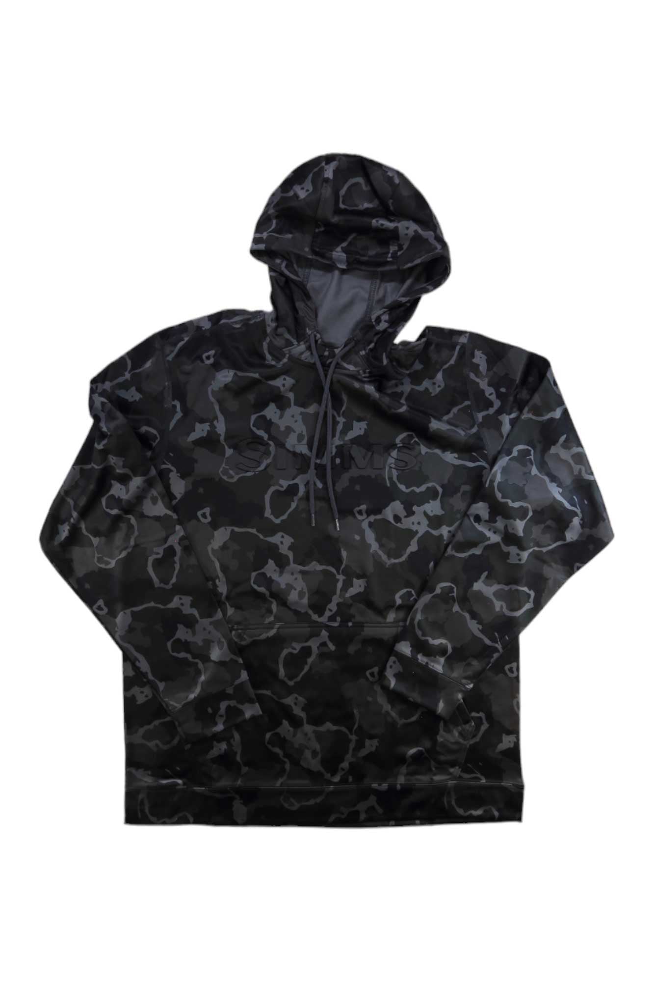 The Simms Mens Challenger Hoody is a black performance hoodie with a gray and black camo pattern, featuring a front pocket and hood drawstrings, shown on a white background.