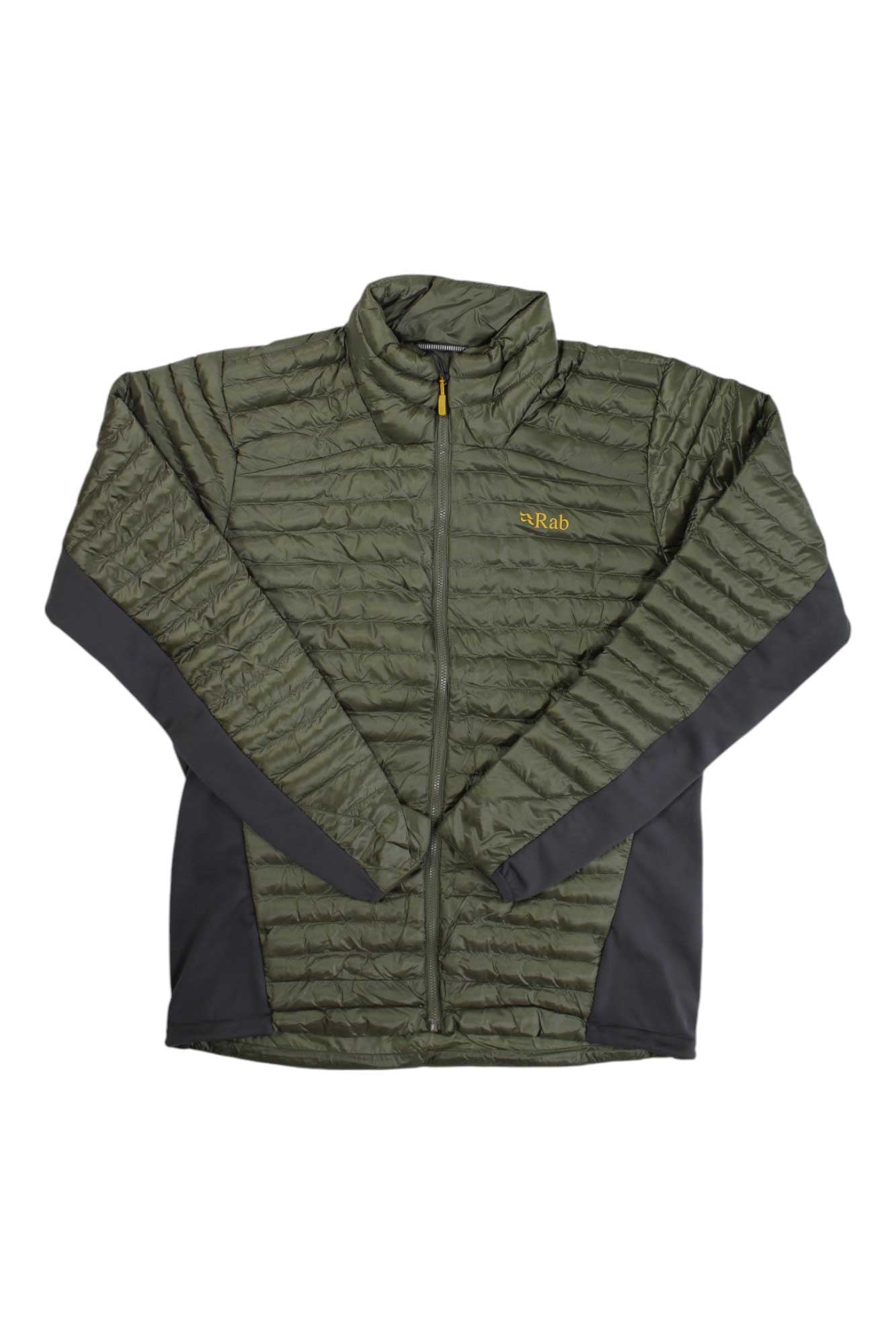 Men's olive quilted puffer jacket with dark contrast sleeves, full-zip