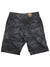 Men's dark charcoal camo stretch cargo shorts with front pockets and belt loops