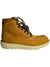 The Danner Womens Logger Moc 917 6 Inch GTX Boot is a tan leather high-top with black and tan laces, metal eyelets, visible stitching, and a thick off-white rubber sole with rugged tread. Fast US shipping available.