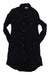 Black shirt dress with long sleeves, button placket, pointed collar, and side seaming