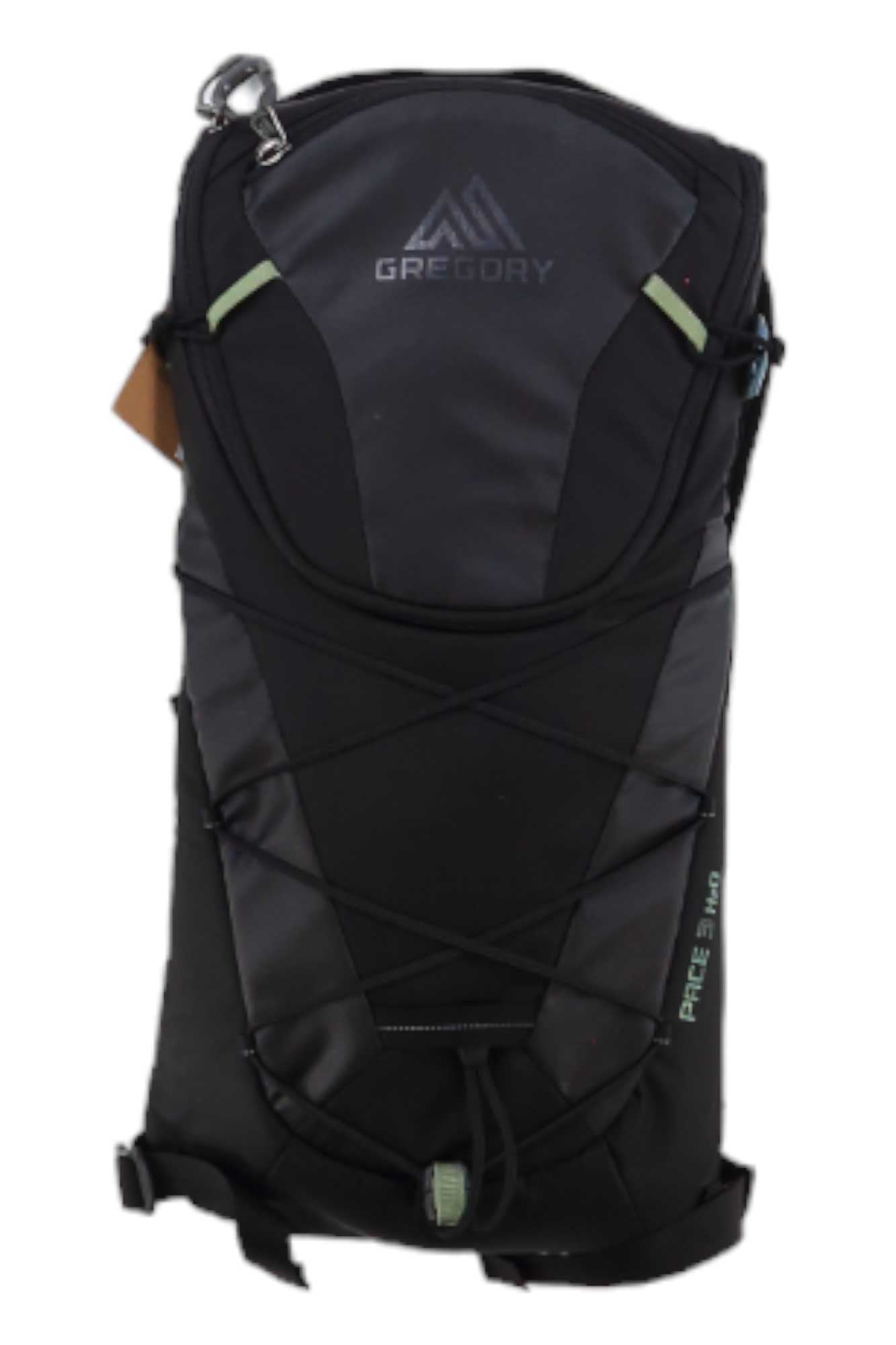 The Gregory Women's Pace 3 Hydration Pack in black features a zippered compartment, adjustable straps, an insulated hydration reservoir, and elastic bungee cords on the front.