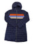 The Cotopaxi Womens Fuego Down Parka is a long, navy parka with a hood, front zipper, orange, light blue, and beige chest stripes, and the brand logo on the left chest.