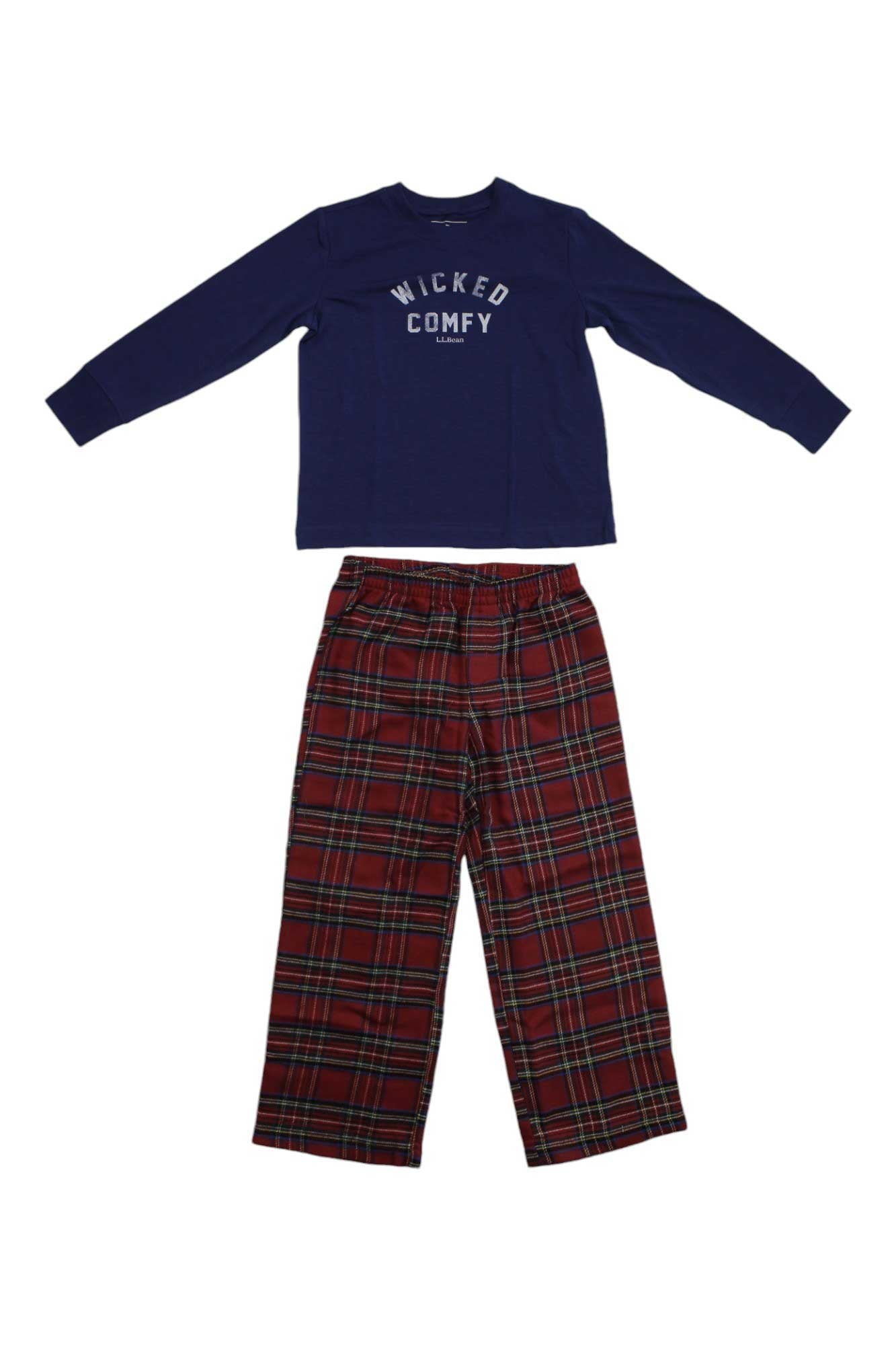 The L.L.Bean Little Kids' Flannel Pajamas set features a navy long-sleeve top with "Wicked Comfy" in white and red-green plaid elastic waist pants, perfect for children’s sleepwear, shown on a white background.