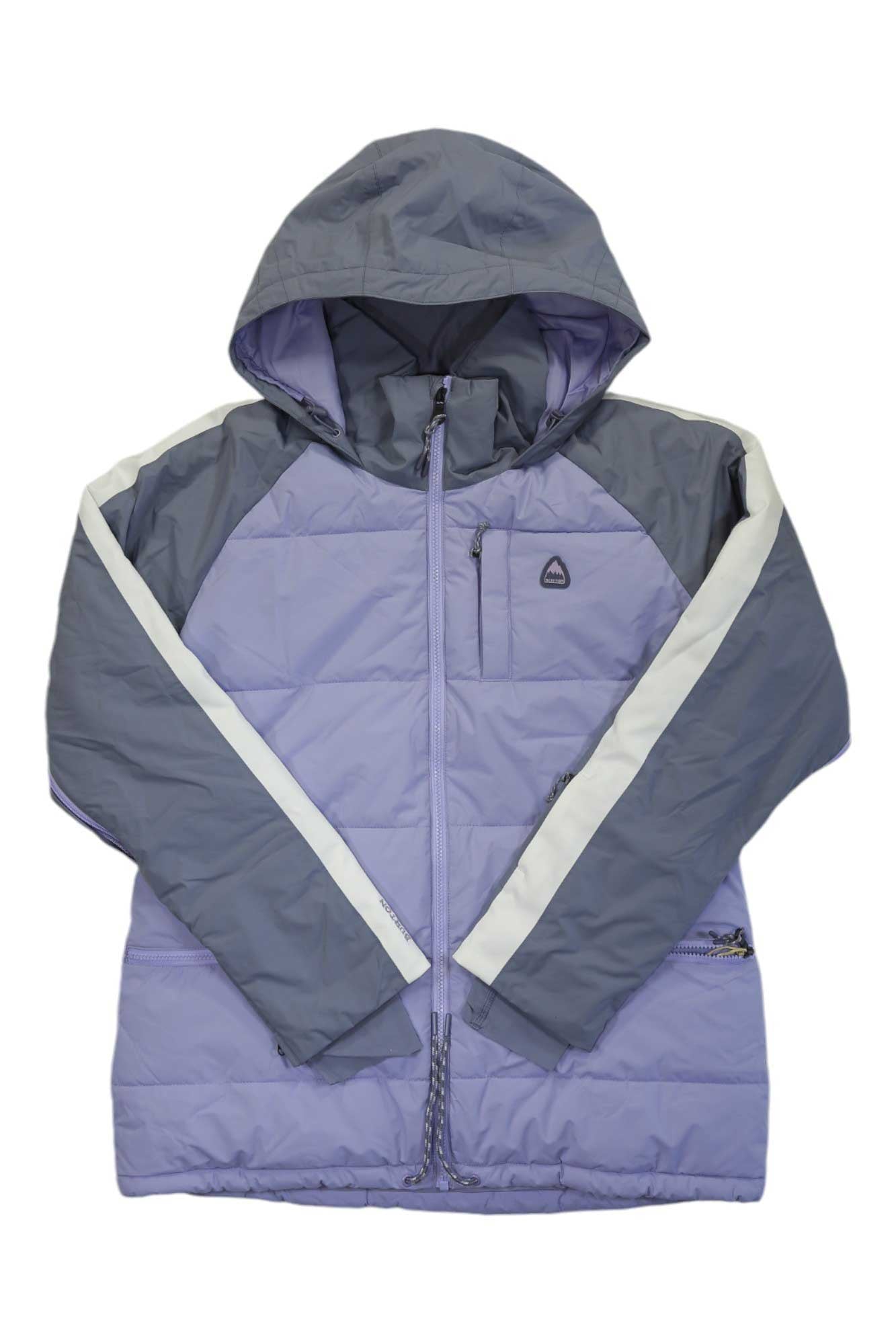 Introducing the Burton Women's Keelan Jacket by Burton—a stylish light purple and gray insulated puffer jacket with bold white stripes along each sleeve. Designed for winter weather, it features a convenient front zipper closure and secure zippered pockets. Engineered to be both waterproof and breathable, this jacket keeps you warm, dry, and comfortable all season long.