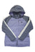 Introducing the Burton Women's Keelan Jacket by Burton—a stylish light purple and gray insulated puffer jacket with bold white stripes along each sleeve. Designed for winter weather, it features a convenient front zipper closure and secure zippered pockets. Engineered to be both waterproof and breathable, this jacket keeps you warm, dry, and comfortable all season long.