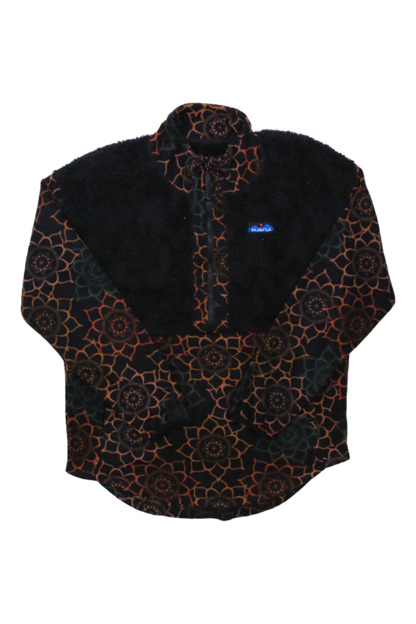 Stay warm and stylish all season with the KAVU Womens Timber Lane Pullover, featuring a black fluffy upper, half-zip front, stand-up collar, and a geometric brown and orange star-inspired design.