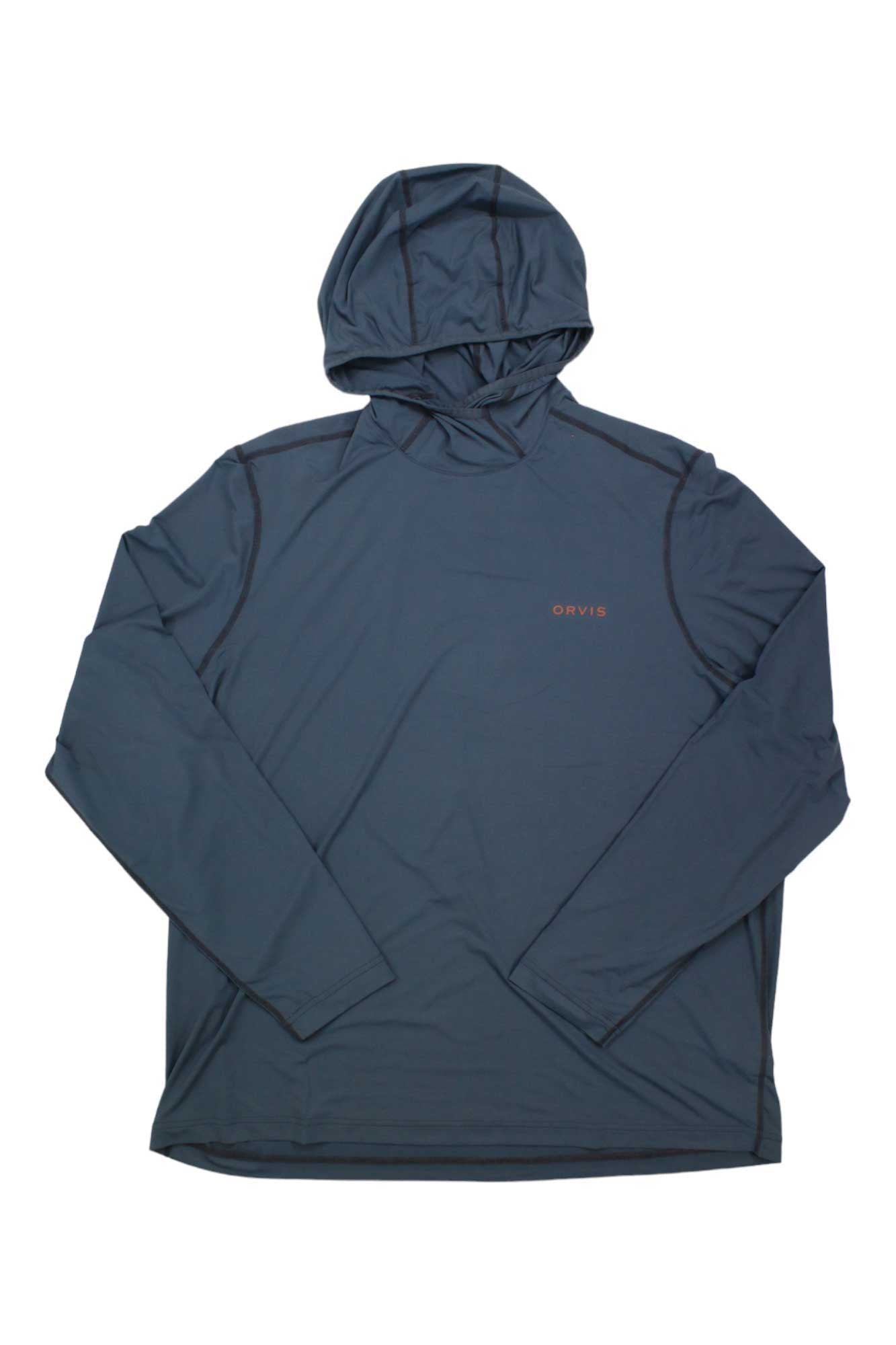 Men's Orvis sun defense long-sleeve hoodie, dark navy, pullover with hood and chest logo