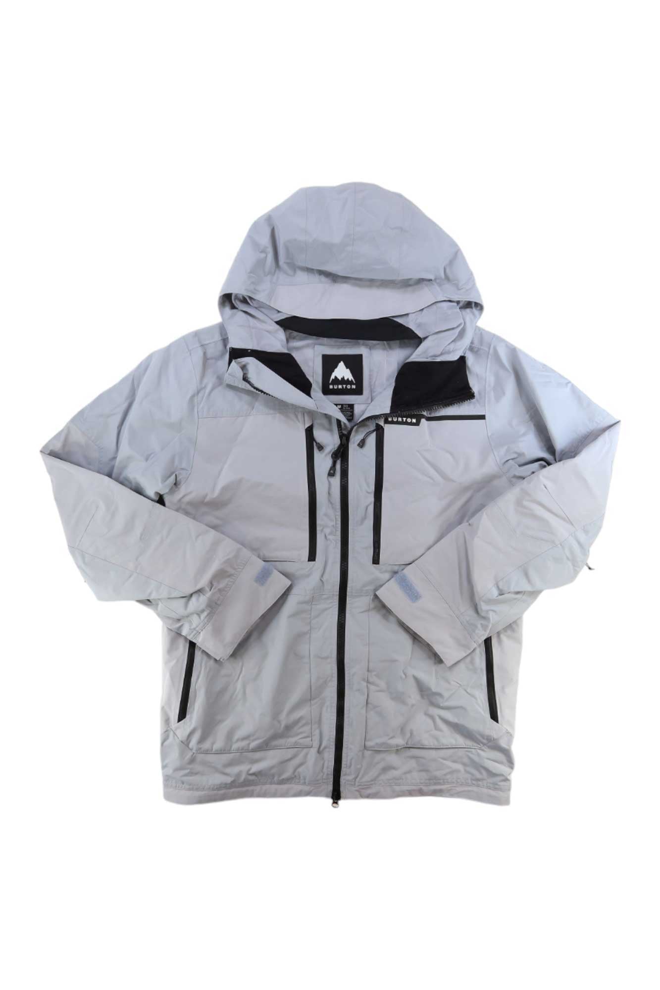 The Burton Men's Frostner Jacket is a light gray, waterproof snowboarding jacket with black zippers, two chest and side pockets, laid flat on a white background. Features a hood and mountain logo on the inner tag.