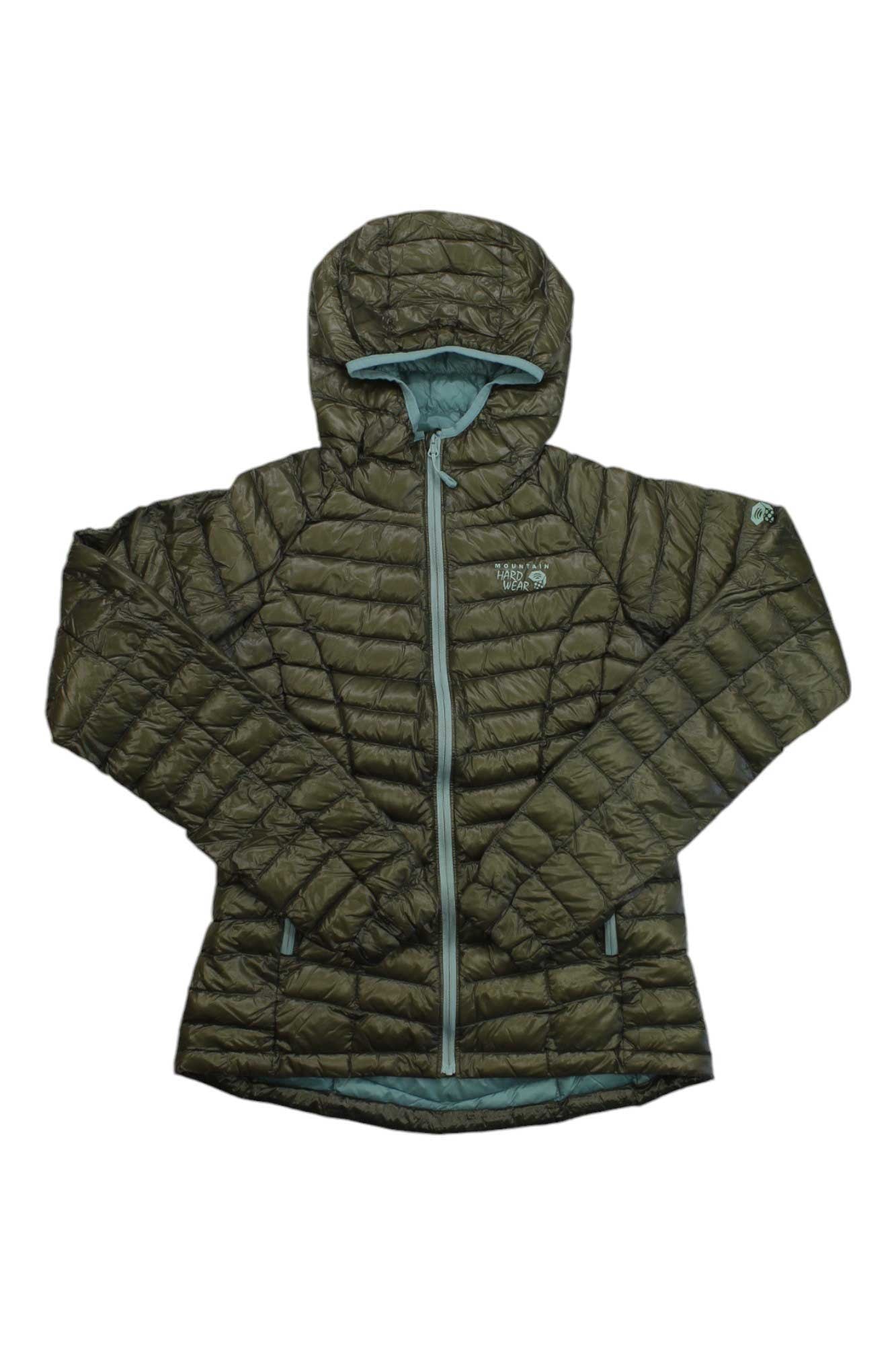 Women's down hooded puffer jacket, dark olive, full-zip with blue trim