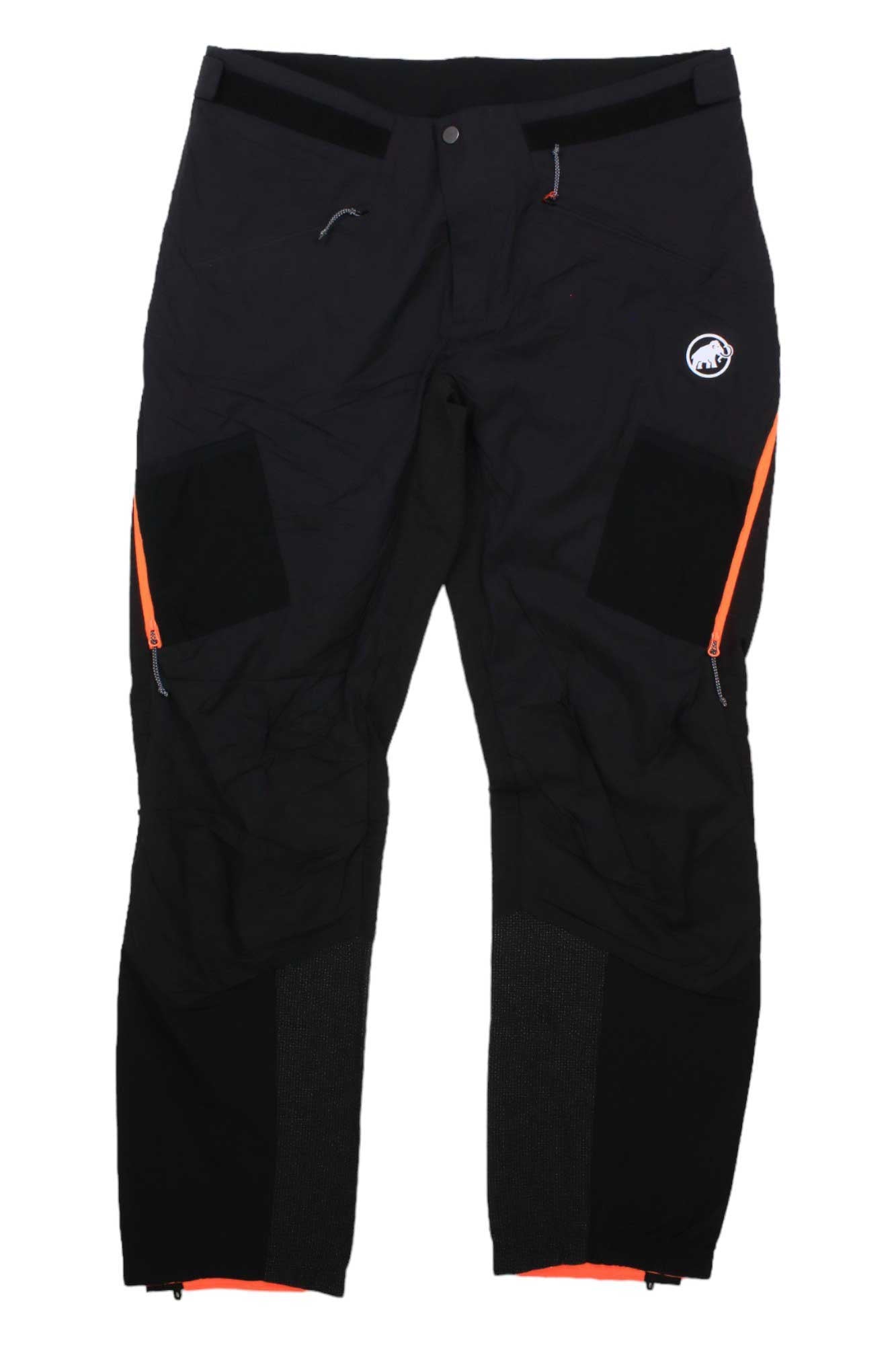 Mammut Mens Aenergy IN Hybrid Pant ski pants, featuring orange zipper accents, reinforced knees, moisture-wicking fabric, and a white Mammut logo on the upper left thigh, shown flat on a white background.