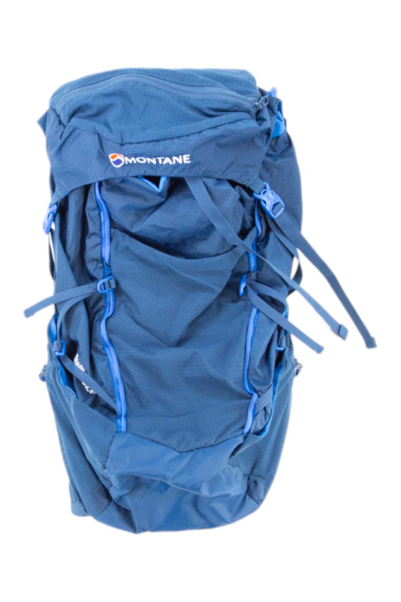 The Montane Trailblazer 30L Backpack in blue features multiple zippered compartments and an adjustable harness, displayed against a white background.