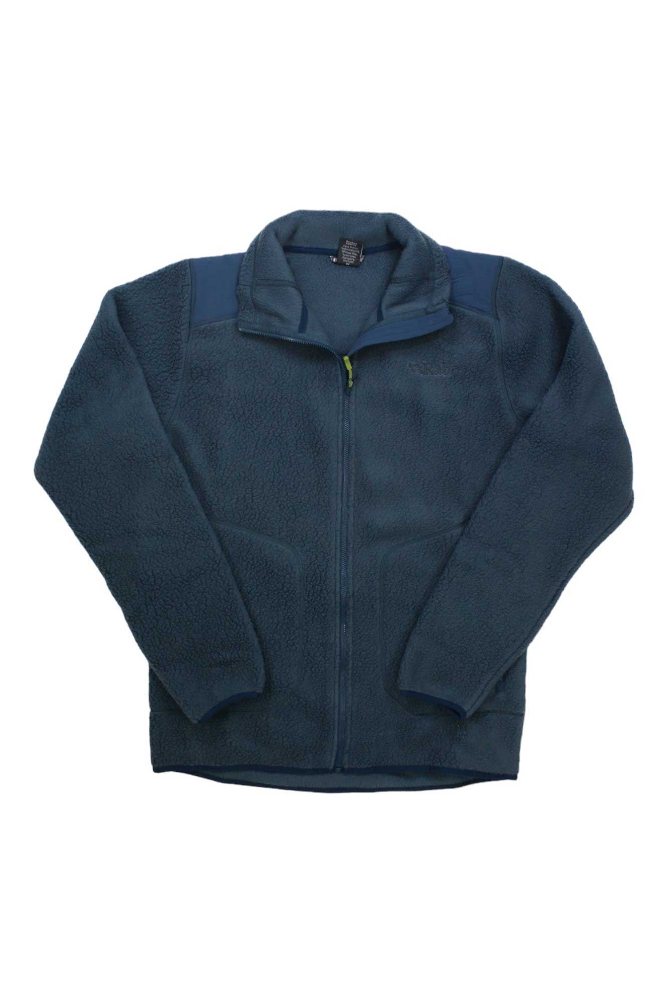 A Rab Men's Outpost Jacket in dark blue Polartec fleece with a full front zipper, long sleeves, and high collar, displayed flat on a white background.
