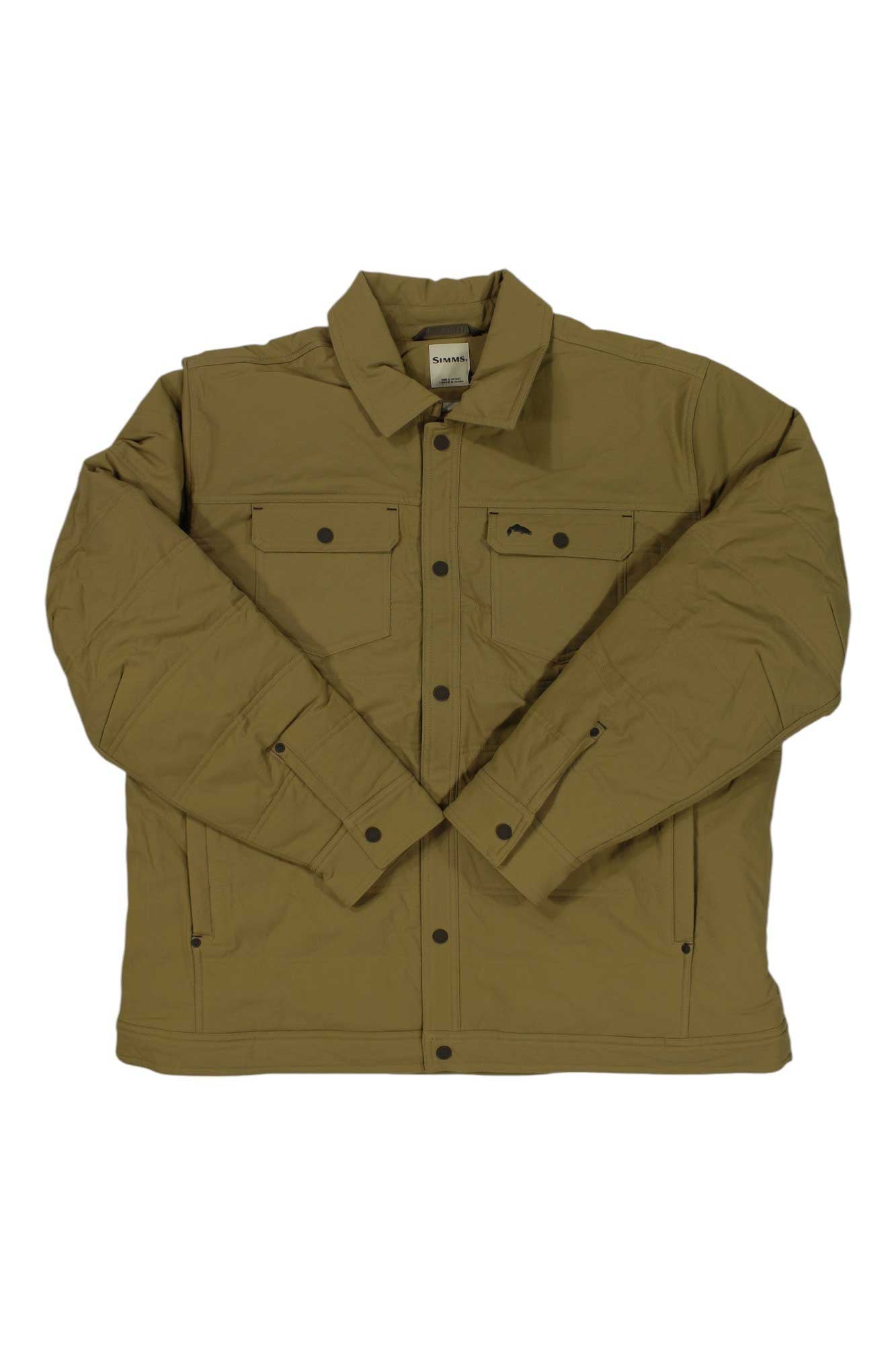 A khaki Simms Mens Cardwell Jacket with a collar, flap chest pockets, long sleeves, and PrimaLoft insulation is laid flat on a white background.