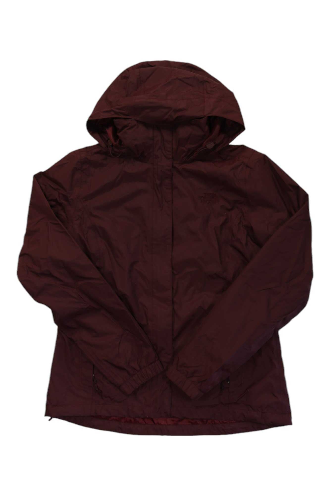 The Women's Resolve 2 Rain Jacket in maroon, shown flat on a white background, has long sleeves and features DryVent technology for superior waterproof protection.
