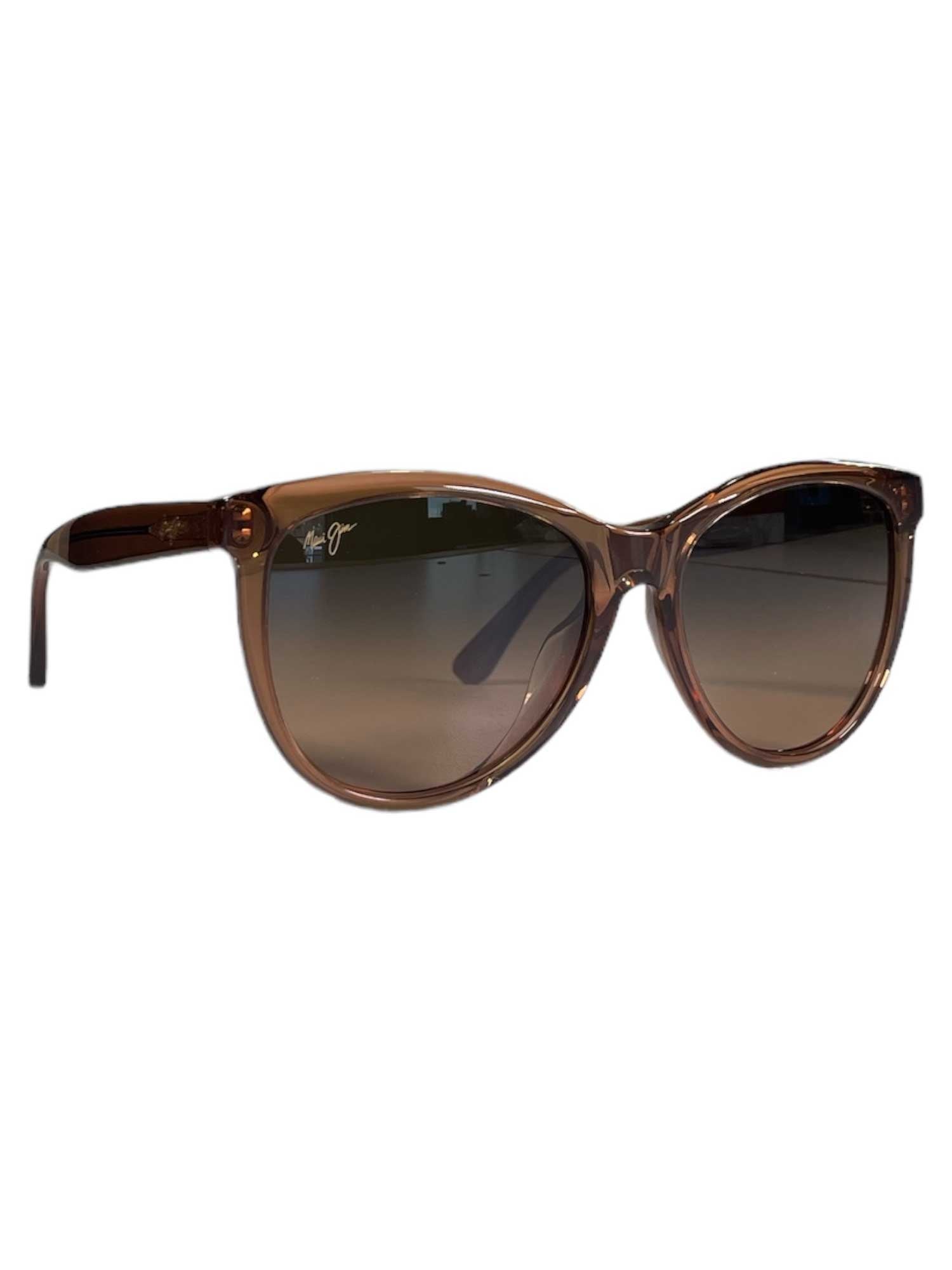 Maui Jim Glory Glory Polarized Sunglasses in brown feature semi-transparent cat eye frames, scratch-resistant lenses, and a subtle logo on the top left of the left lens, displayed against a plain background.