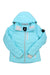 The Obermeyer Womens Cosima Down Jacket is a light blue insulated winter coat with a hood, front zipper, zippered side and chest pockets, a black patch on the left sleeve, and a quilted design for added warmth.