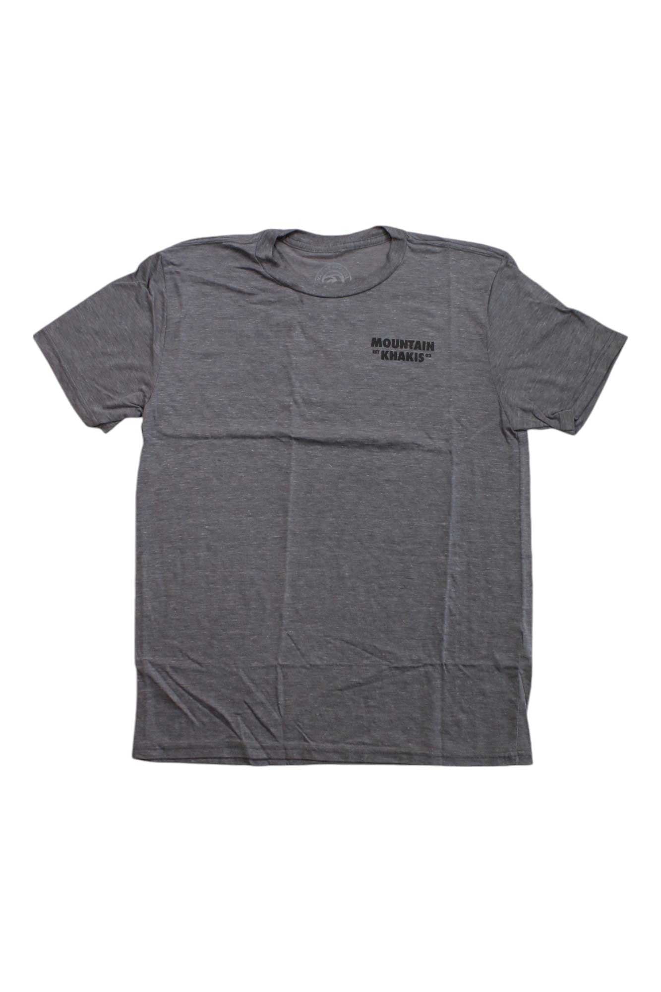 Men's grey Mountain Khakis crew-neck T-shirt with bison patch logo on chest